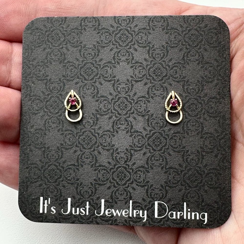 Gold Teardrop Pink Stone Stud Earrings